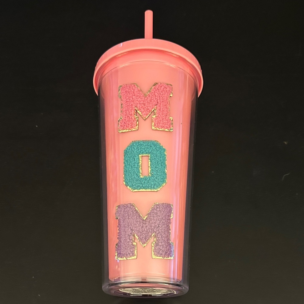 Pink MOM Tumbler with Straw with Decorative fuzzy cloth Letter Design